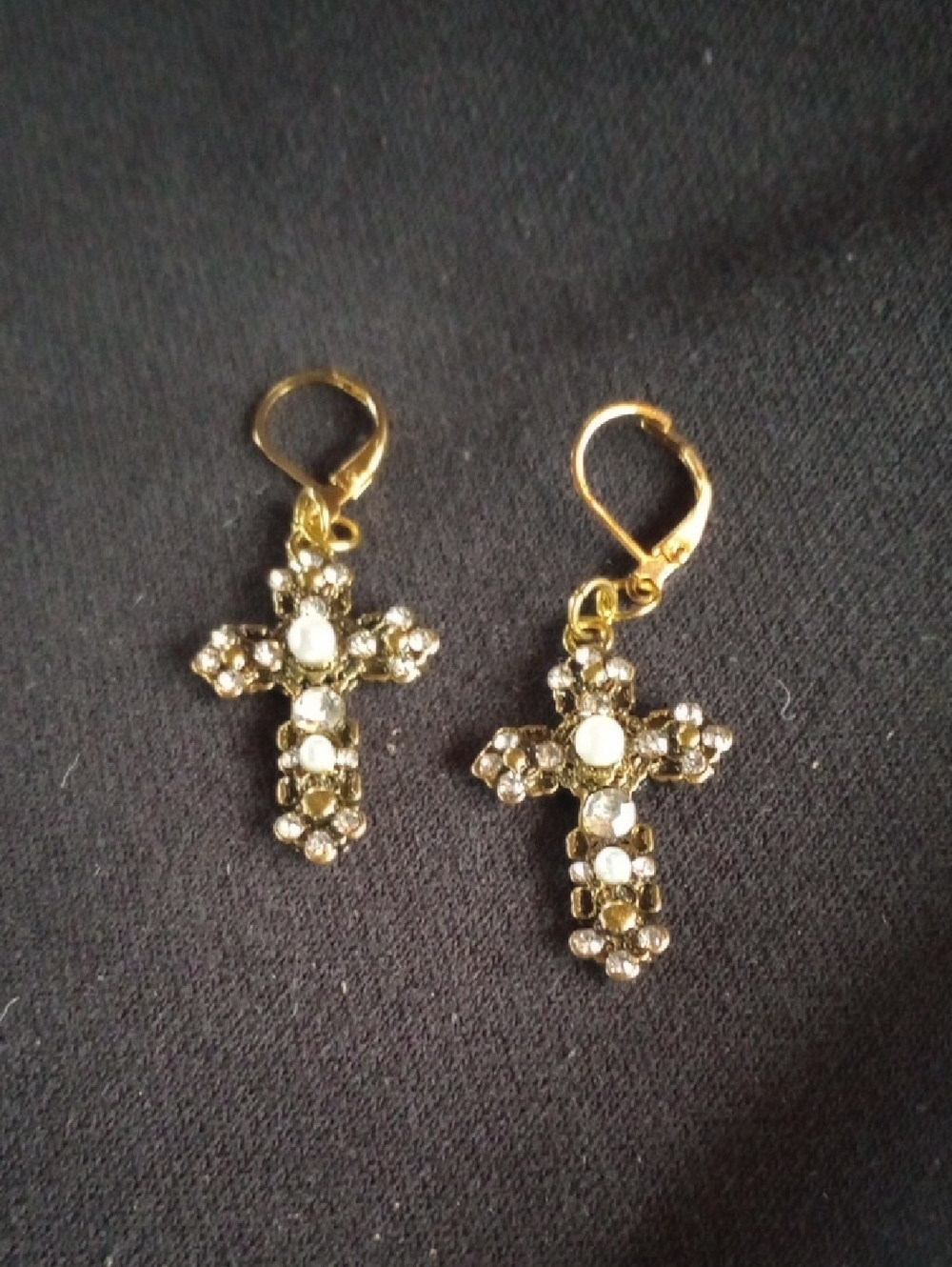 Hand Crafted Gold-Tone Cross Drop Earrings with Clear Rhinestones